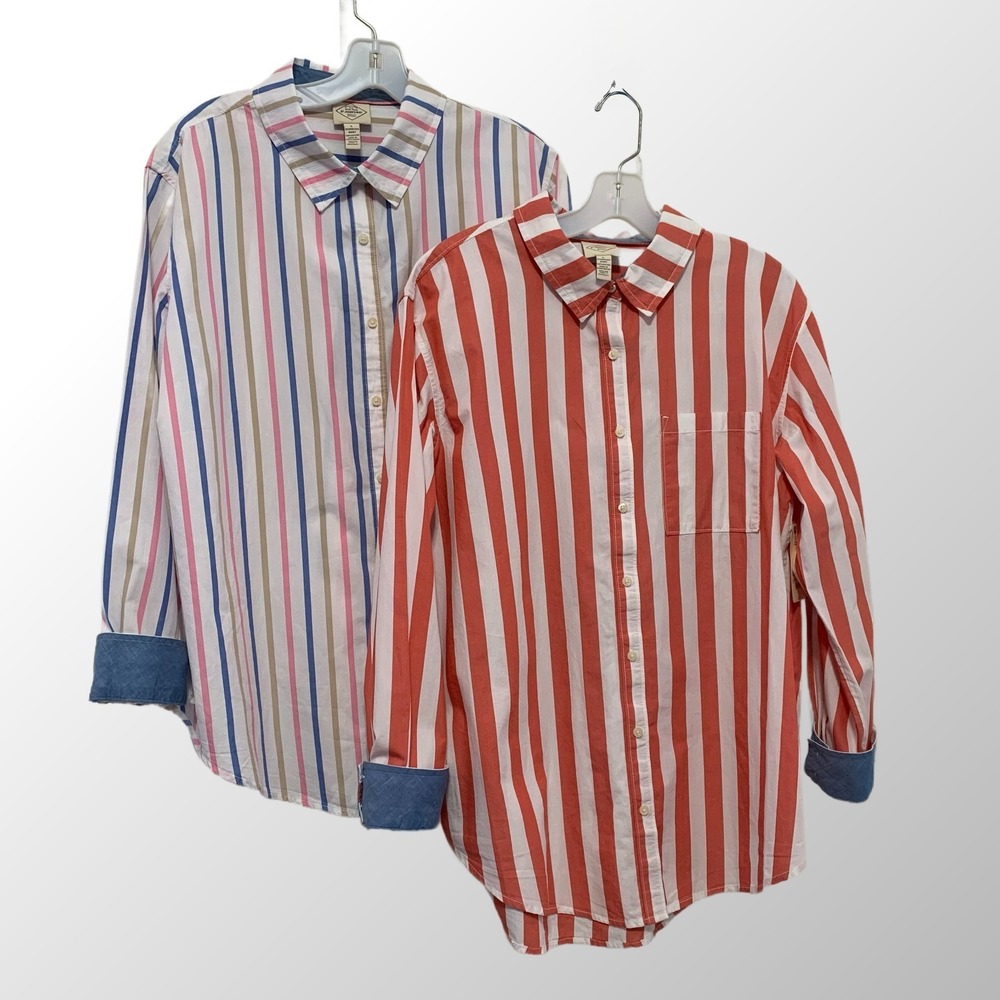 St.John's Bay Women Oversized Shirts L NWT 100% Cotton Striped Button Up Preppy